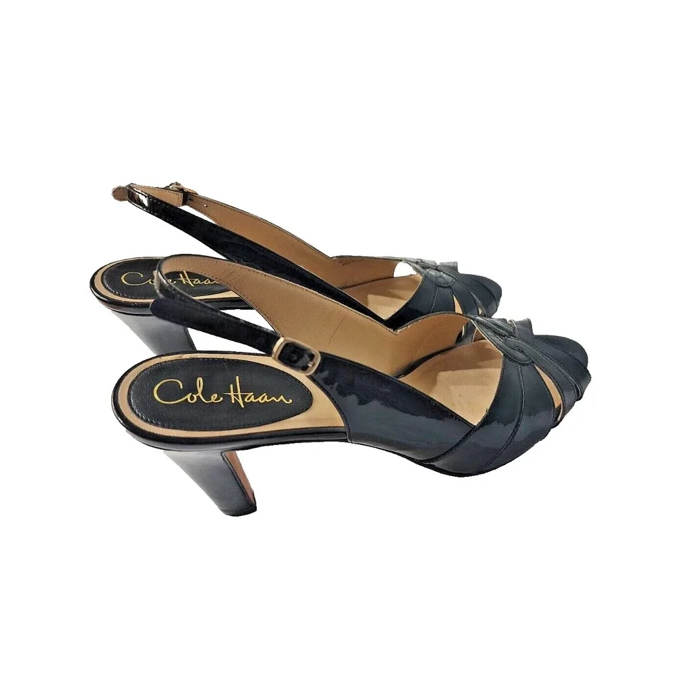 COLE HAAN Women's Black Patent Leather Heels Open Toe Slingback Sandals Size 10B